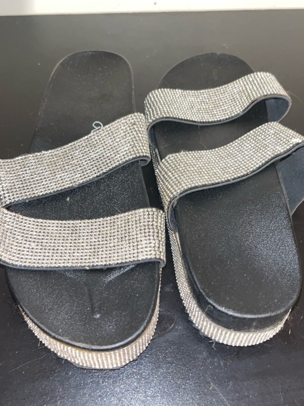 Womens Black Slide Sandals with Silver Rhinestone Straps